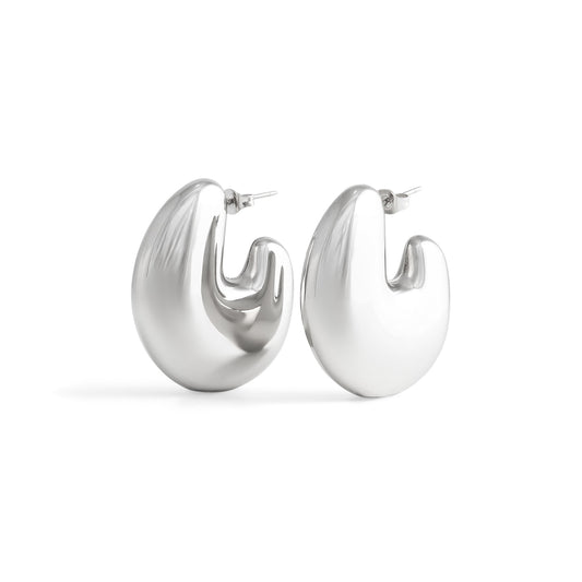 Dome Figure Hoop Earrings- Silver